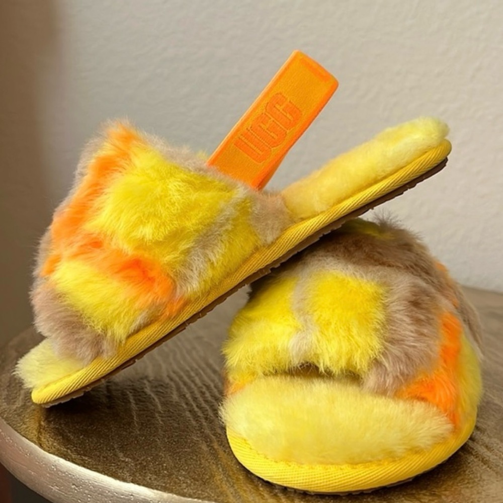 Kids UGG Yellow Fuzzy Slide Sandals with Orange Strap